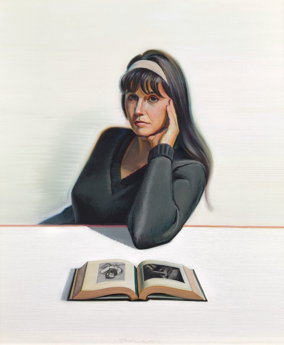 an oil painting portrait of a woman against a white background, seated behind a white table with her elbow resting on it, with an open book in front of her