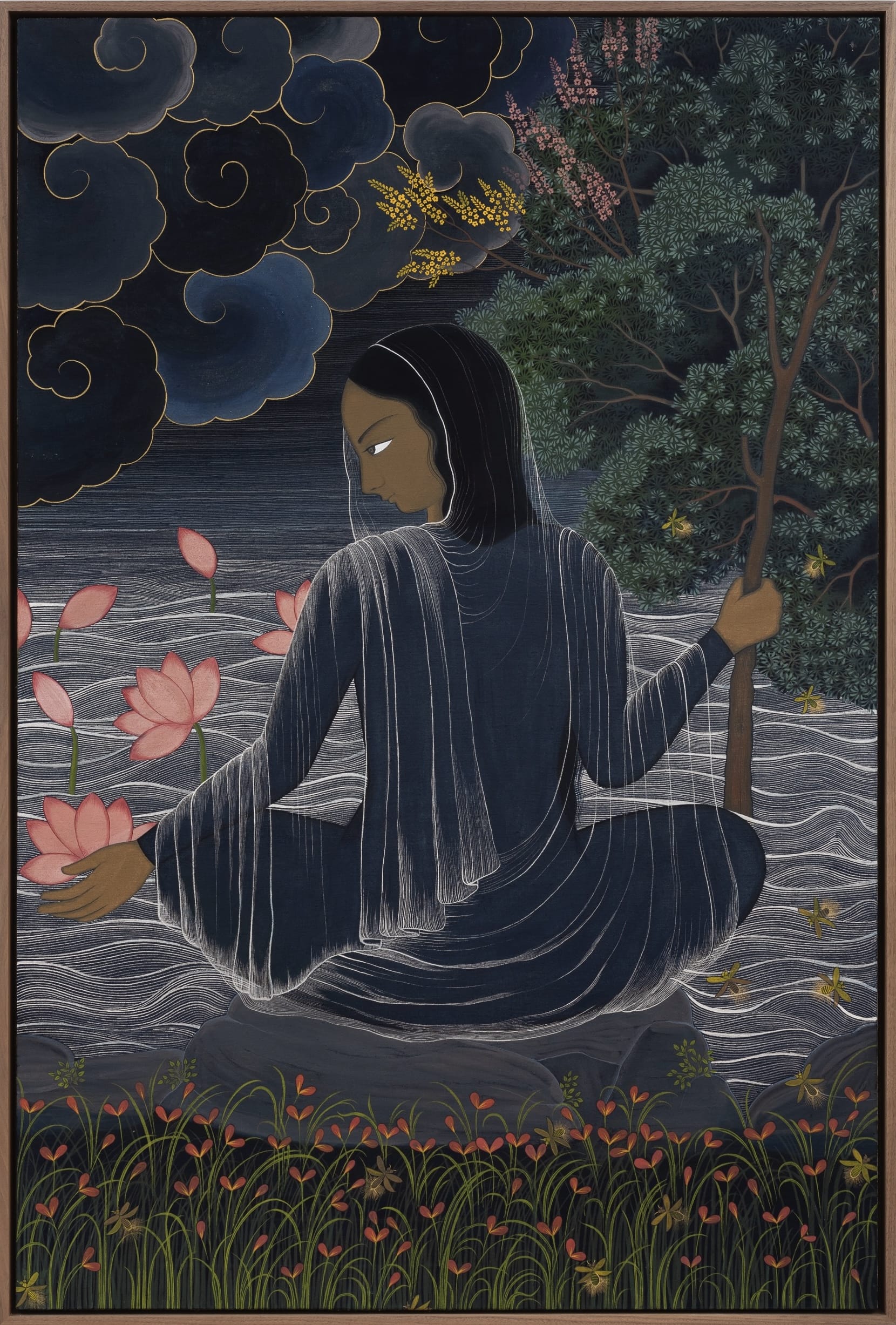 a vertical painting of a female figure seated centrally in the composition, looking to her right and observing a lily within a natural landscape