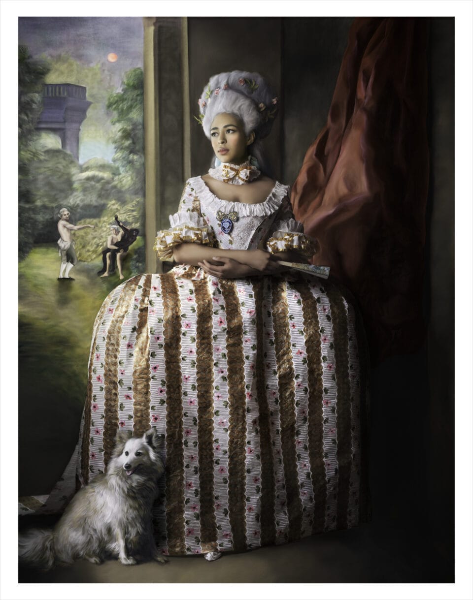 A woman with medium-dark skin tone in historical attire with a large striped gown poses indoors. She wears a powdered wig, and a small white dog sits by her side. A painted background depicts a pastoral scene with a vignette of a violent assault.