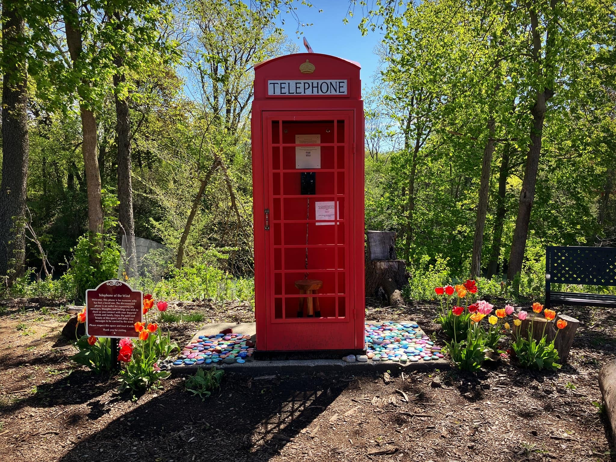 a red telephone booth in a park