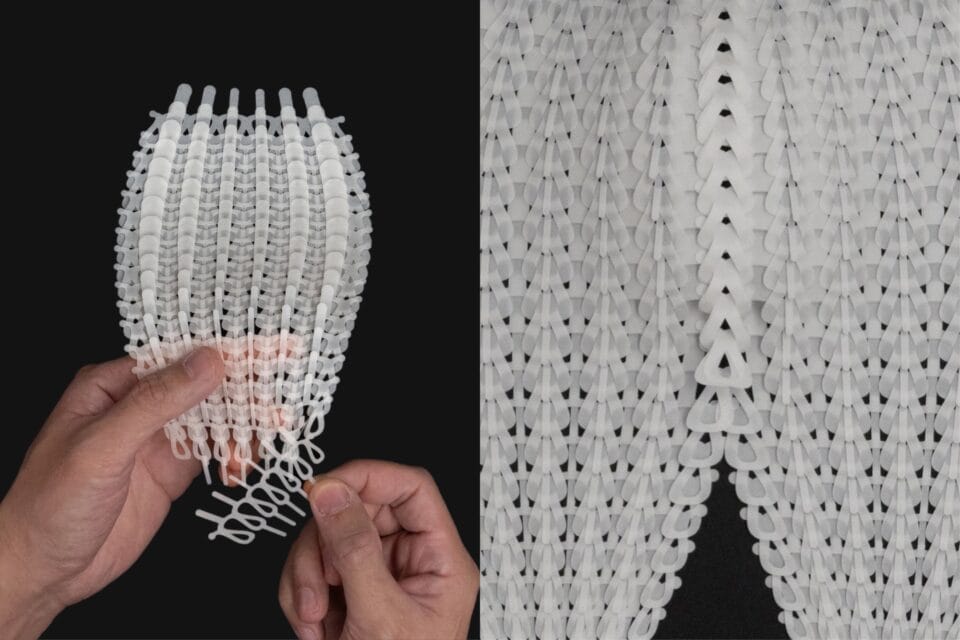 a two up with hands piecing together plastic fibers on the left and detail of the knitted fibers on the right