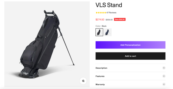 image of VESSEL's product page for the vls stand bag noting the discount