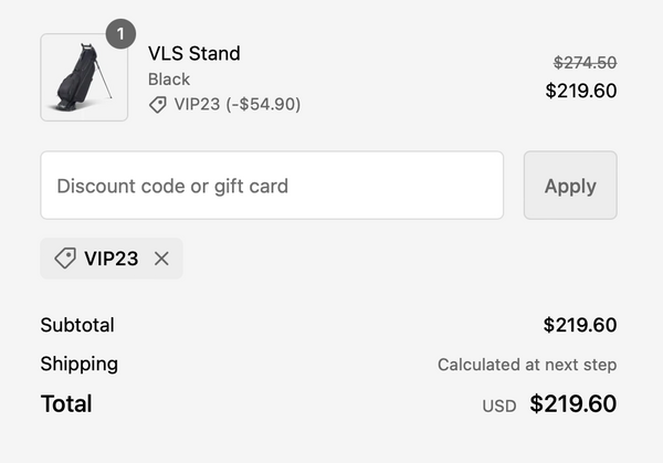 photo of cart at checkout showing the discounts available on the VLS Stand bag