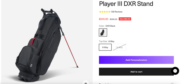 Photo of the VESSEL website reflecting the discount on the player III DXR stand bag