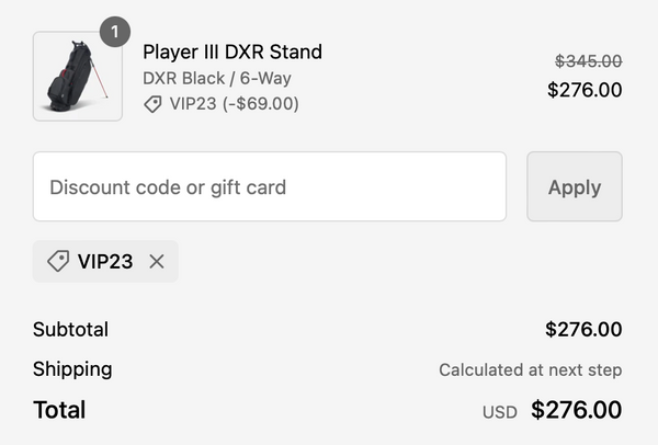 photo of the checkout cart reflecting the discounts available on the Player III DXR stand